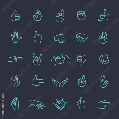 Hand gestures thin line icon set