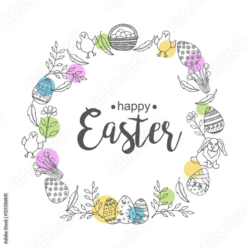 Easter wreath with hand-drawn symbols. Lettering  sketch doodle. Vector background