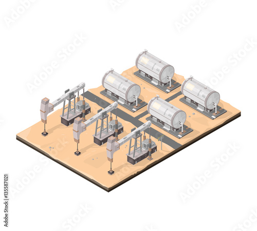 Isometric Desert Oil Drilling Derricks Icon.

A vector illustration of oil production drilling and storage in the desert.