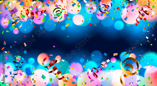 Dark blue holiday background with colorful shining bokeh and serpentine © Safevector
