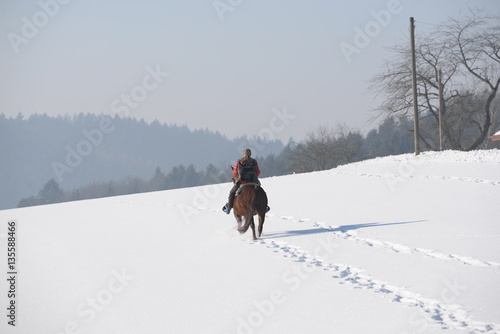 a perfekt winter day, lonely rider in the snow in a bautiful landscape