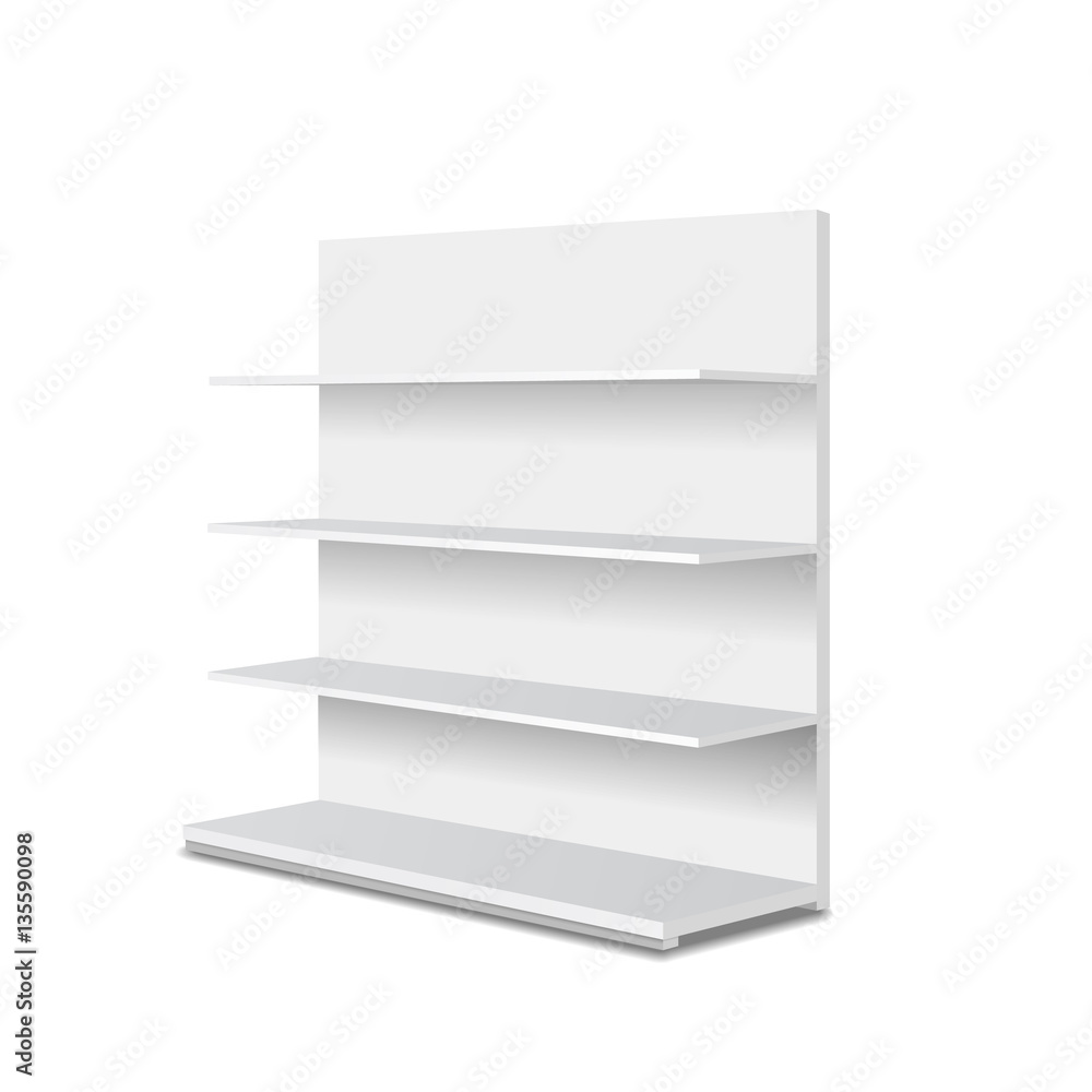 White empty showcase displays with retail shelves. Perspective view. Template for advertising. Vector 3D isolated White empty showcase displays with retail shelves. Perspective view. Template for advertising. Vector 3D isolated