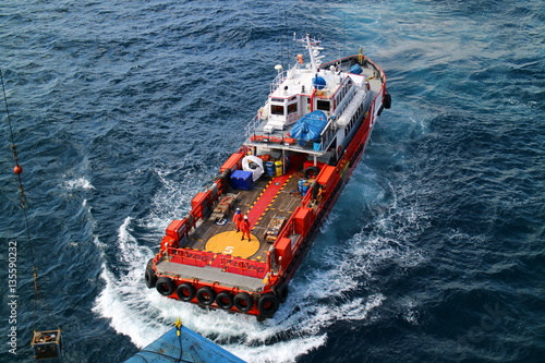 Supply boat transfer cargo to oil and gas industry and moving cargo from the boat to the platform