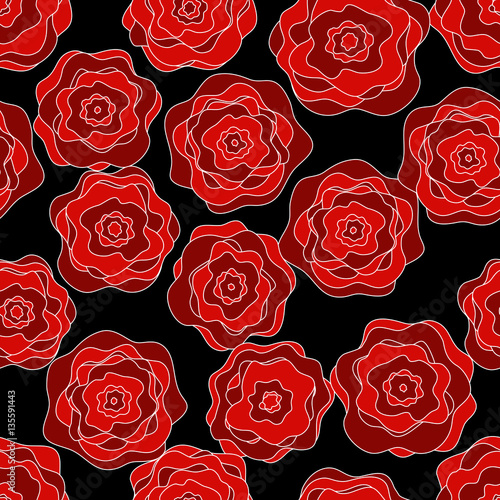 Seamless floral pattern. Red roses on a dark background. For design backgrounds, greeting cards for Valentines day, for design wrapping paper and textiles.