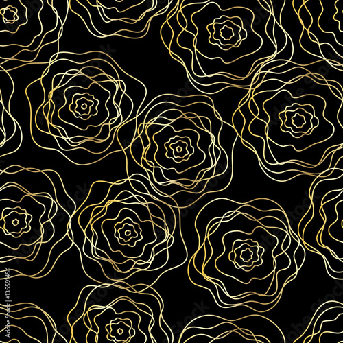 Seamless floral pattern. Gold roses on a dark background. For design backgrounds, greeting cards for Valentines day, for design wrapping paper and textiles.