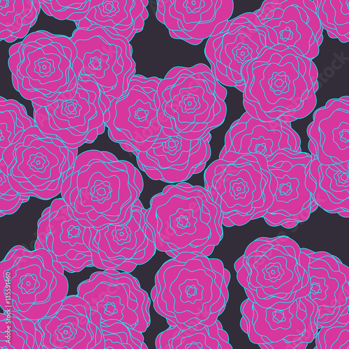 Seamless floral pattern. Pink roses on a dark background. For design backgrounds, greeting cards for Valentines day, for design wrapping paper and textiles.