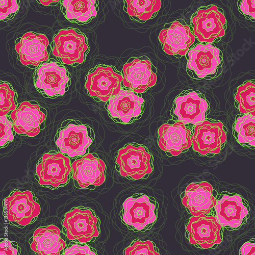 Seamless floral pattern. Pink roses and green silhouettes on a dark background. For design backgrounds, greeting cards for Valentines day, for design wrapping paper and textiles.