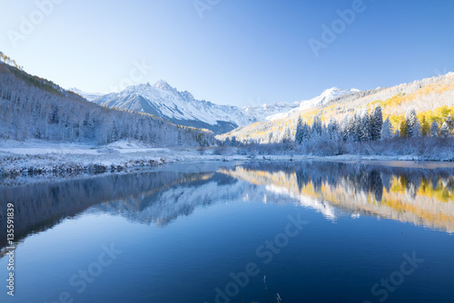 mountain winter and autumn reflection
