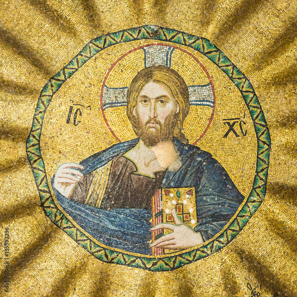 Golden mosaic of Jesus Christ in a circle. Byzantine Mosaic of the pantocrator in Pammakaristos church or Fethiye museum