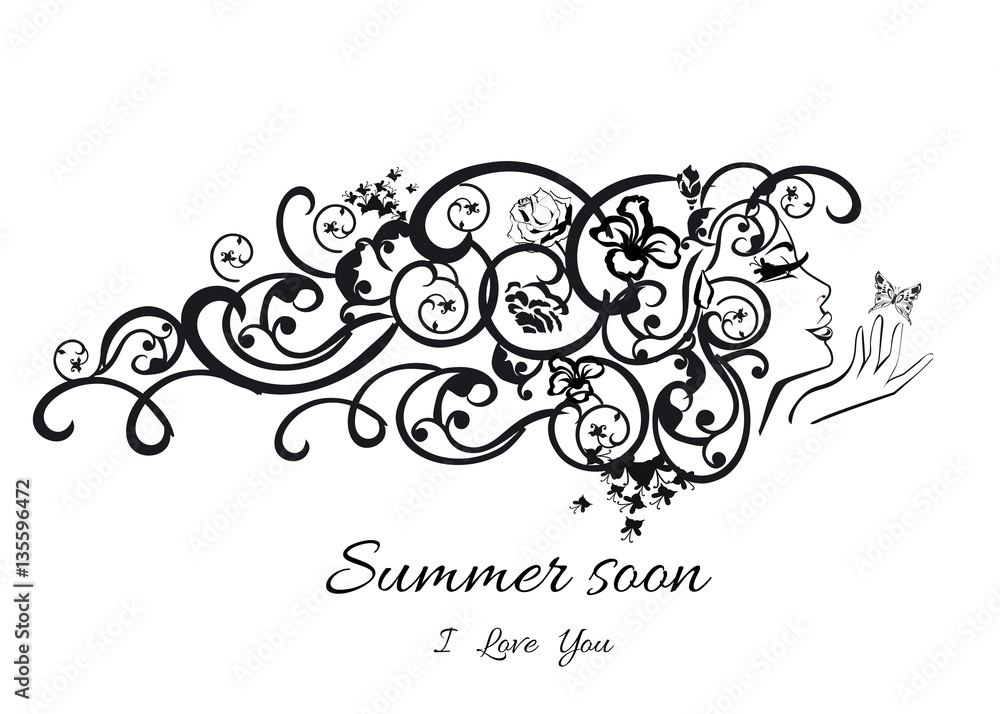 Beautiful woman with long curly hair in lines with a butterfly, background. Pattern face silhouette. Beautiful woman with long curly hair in lines with a butterfly, background. Pattern face silhouette.