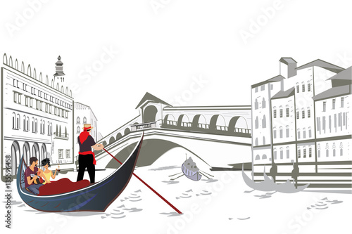 Romantic couple in the gondola travels along the Grand Canal in Venice.