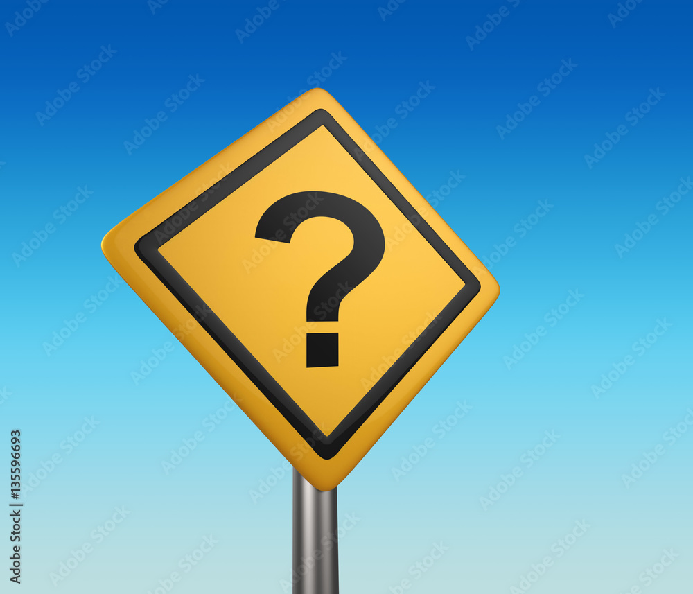 Yellow diamond shaped road sign with question mark. Yellow diamond shaped road sign with question mark.