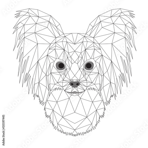 Chihuahua a pelo lungo geometrico, portrait di cane, arte astratta di poligoni sullo sfondo bianco