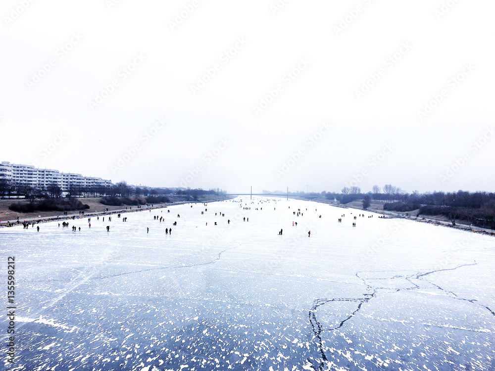 People on the frozen river in Vienna