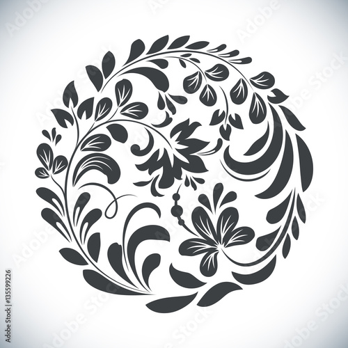 Black and white round floral element vector illustration.