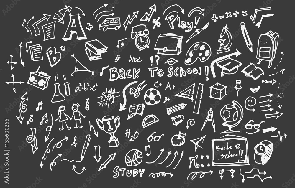 Back to school big doodles set on blackboard. Vector illustration. Back to school big doodles set on blackboard. Vector illustration.