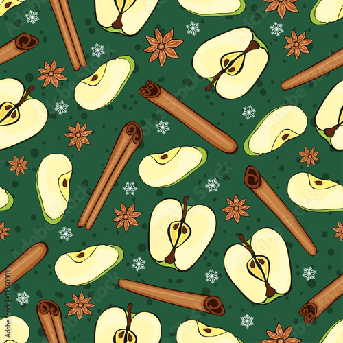 Christmas winter spice with fruit. Decorative vector seamless pattern. Mulled wine theme.