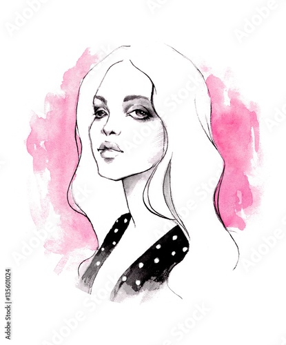 Blonde on pink. Watercolor female face