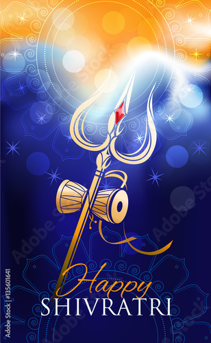 Shivaratri background with Shivas trident and drum. Hindu festival greeting card with Shivas trishula. Vector illustration. photo