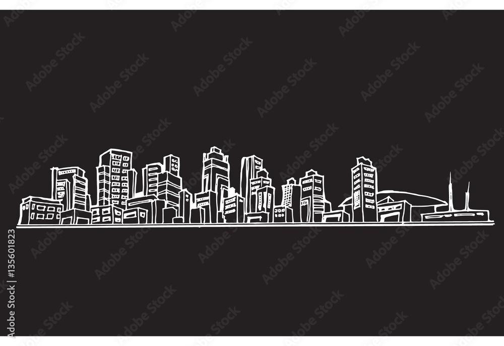 City skylines in cartoon doodle style on chalkboard background E
