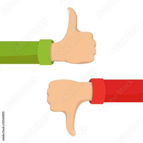 Two hands showing thumb up and thumb down signs. Positive and negative feedback, good and bad gestures, like and dislike. Flat style vector concept illustration isolated on white background.