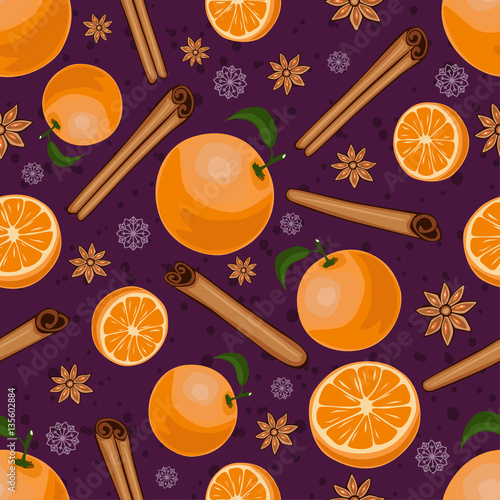 Christmas winter spice with fruit. Decorative vector seamless pattern. Mulled wine theme.