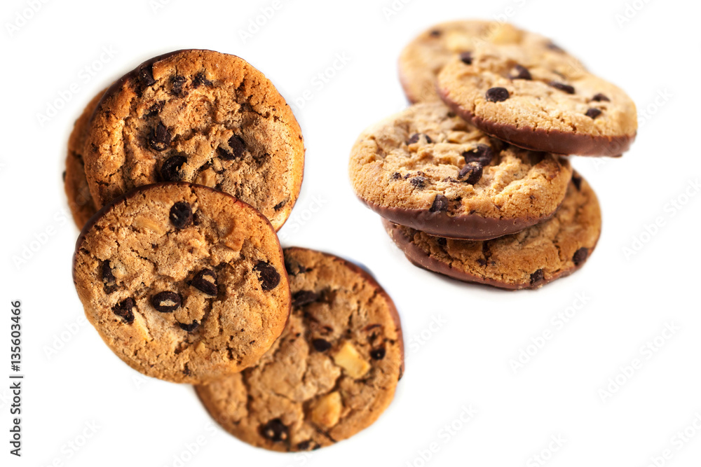 Chocolate chip cookies isolated on white background close up. Chocolate chip cookies isolated on white background close up.