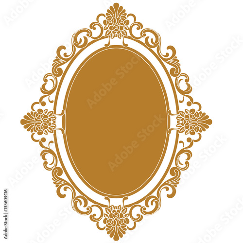 Golden oval vintage border frame engraving with retro ornament pattern in antique baroque style decorative design. Vector.