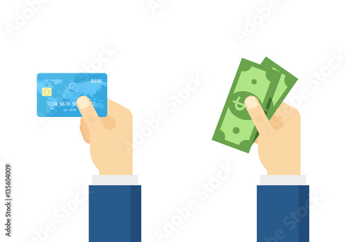 Hand holding debit credit card and cash - vector illustration.