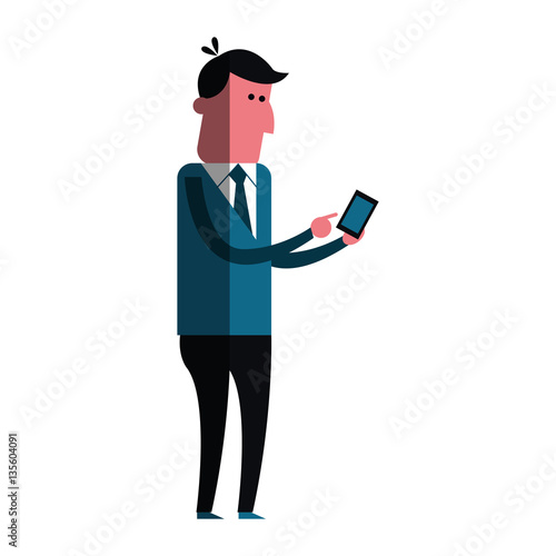 man using a smartphone cartoon icon over white background. colorful design. vector illustration