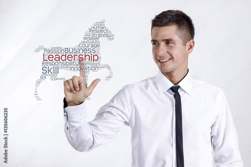 Leadership - Young businessman touching word cloud Leadership - Young businessman touching word cloud