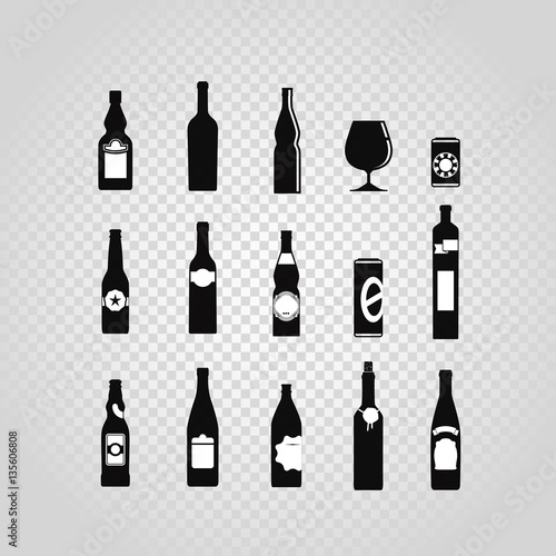 Different black bottles and glasses set isolated on transparent photo