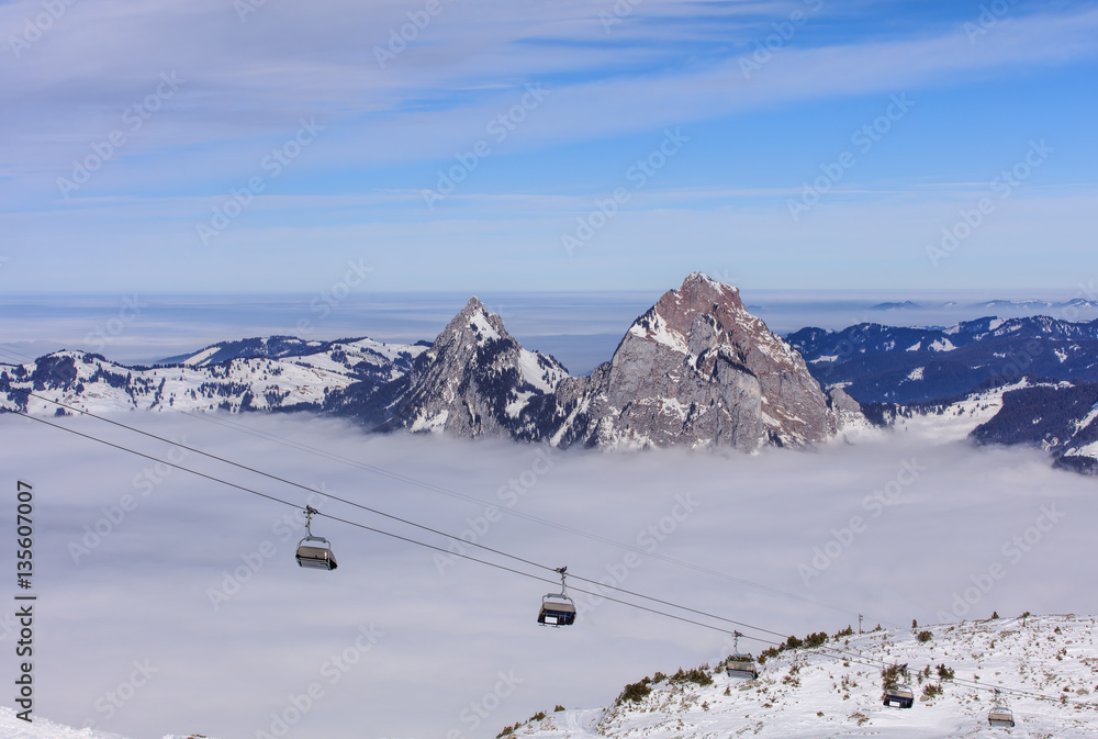 Cable car on Fronalpstock mountain in the Swiss canton of Schwyz in wintertime