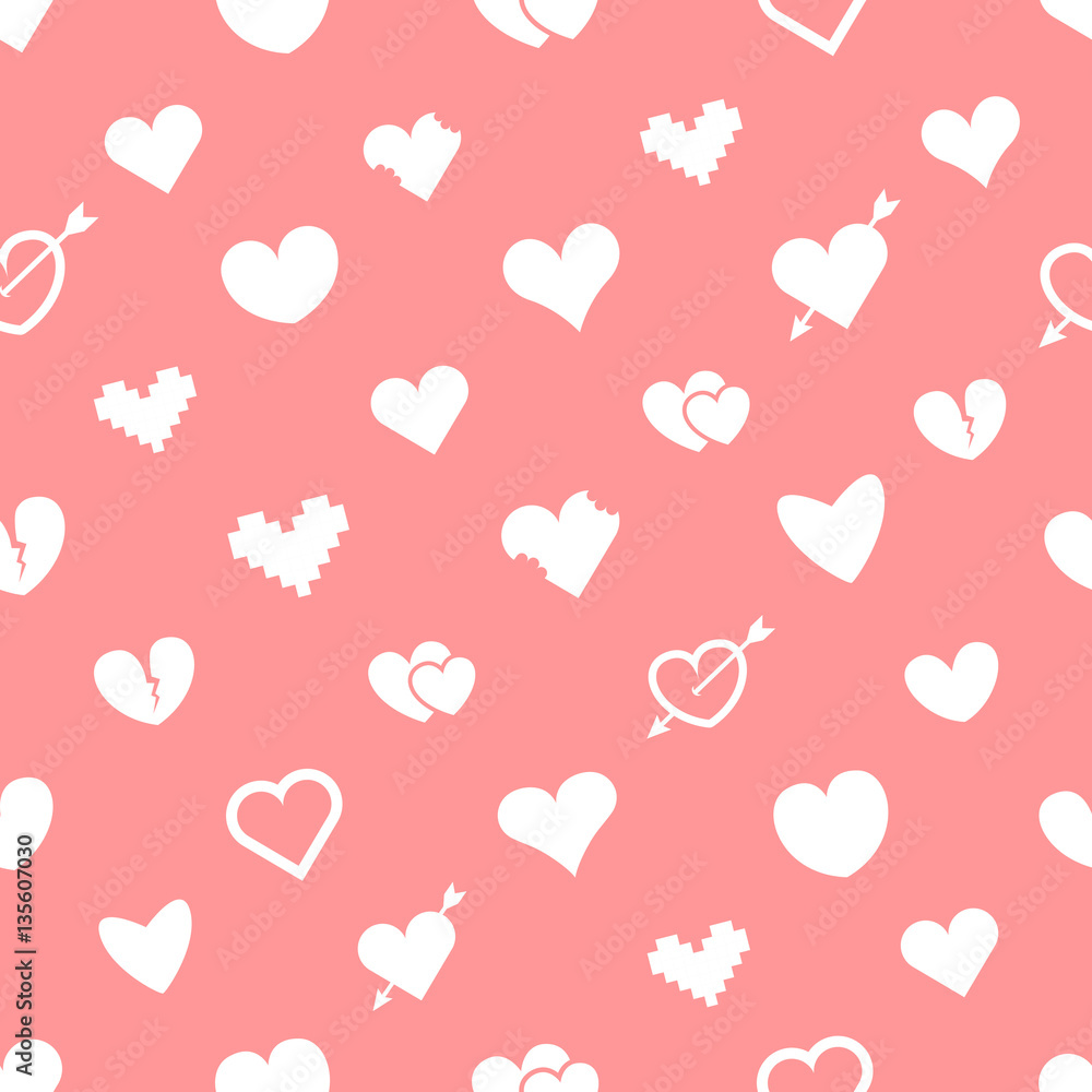 Different abstract hearts pink seamless pattern