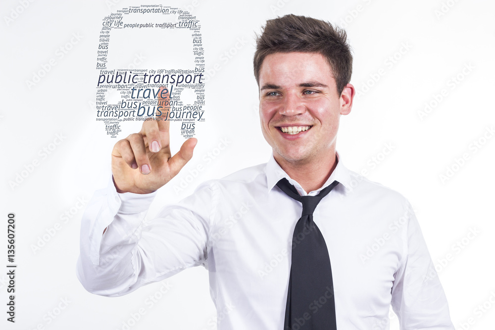 Public transport - Young businessman touching word cloud Public transport - Young businessman touching word cloud