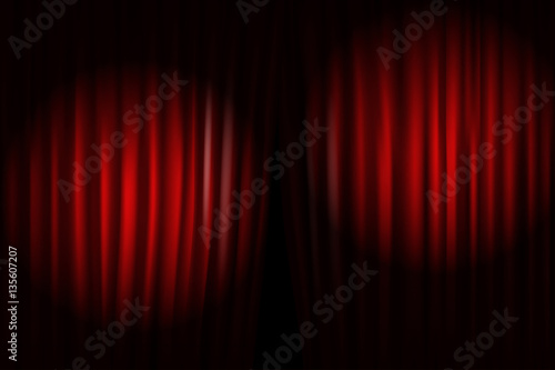 Opening stage curtains with bright projectors. Vector illustrati