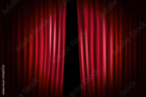 Opening stage curtains with shining microphone. Vector illustrat