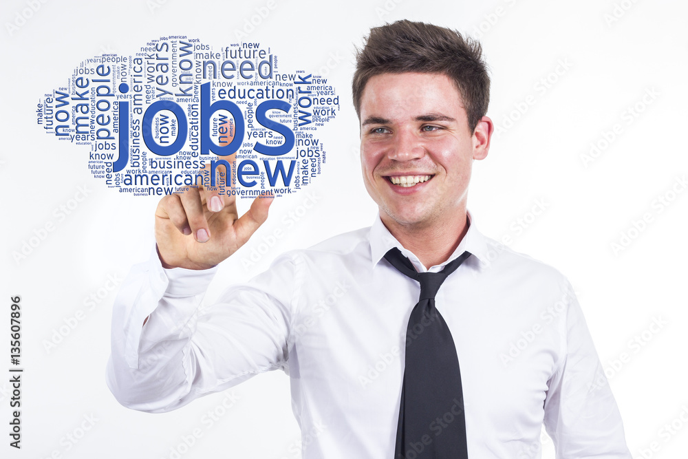 Jobs - Young businessman touching word cloud Jobs - Young businessman touching word cloud