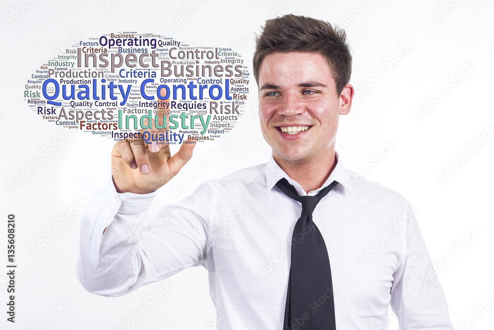 Quality control - Young businessman touching word cloud Quality control - Young businessman touching word cloud