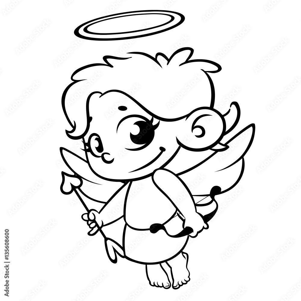 Funny cupid with bow and arrow. Illustration of a Valentine's Day. Vector. Isolated on rose background. Monochrome vector line art isolated Funny cupid with bow and arrow. Illustration of a Valentine's Day. Vector. Isolated on rose background. Monochrome vector line art isolated