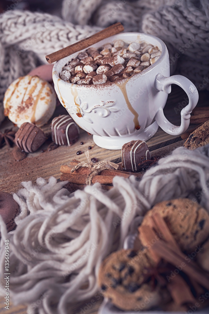 Christmas or New Year composition with hot chocolate or cocoa an Christmas or New Year composition with hot chocolate or cocoa an