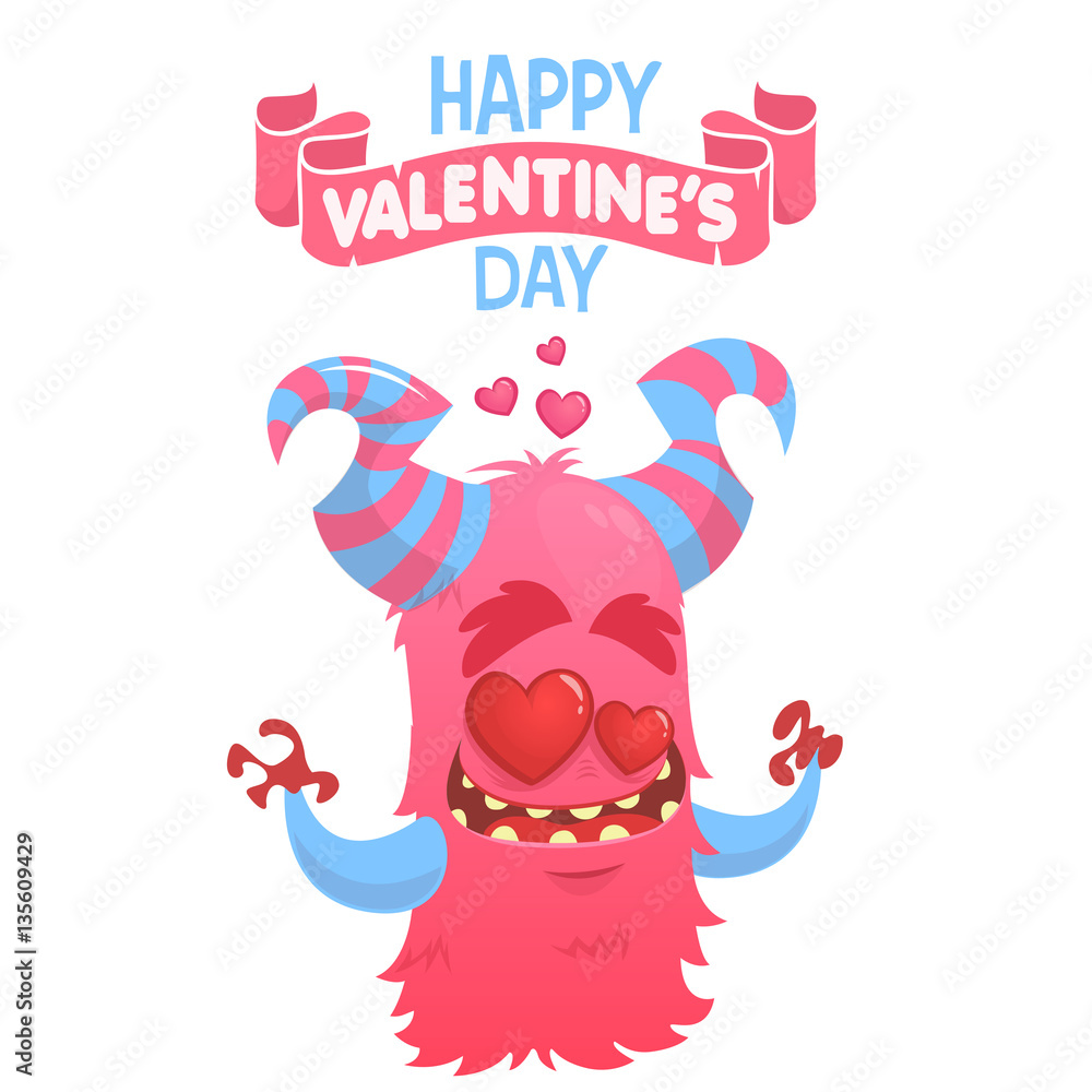 Cartoon pink  horned monster in love. Saint Valentine monster. Vector illustration of loving monster and hearts. Invitation card for party