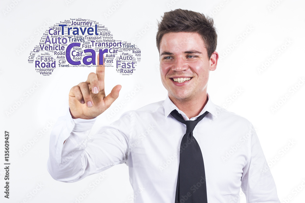 Car - Young businessman touching word cloud Car - Young businessman touching word cloud