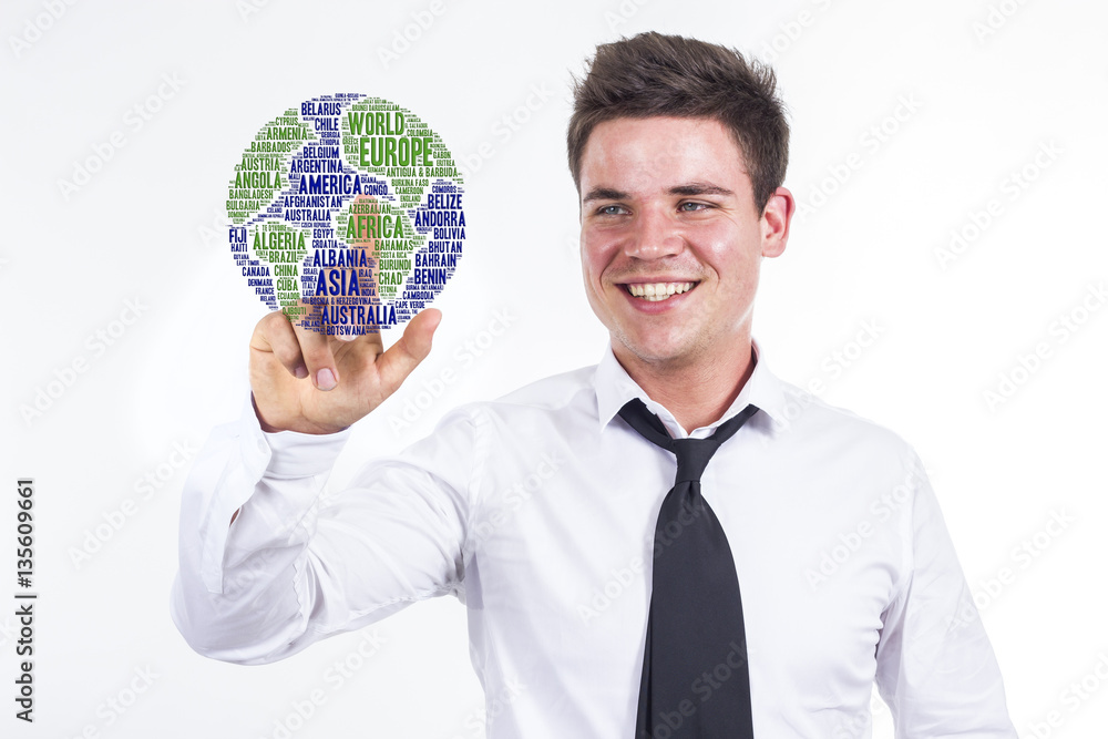 Global transport concept - Young businessman touching word cloud Global transport concept - Young businessman touching word cloud