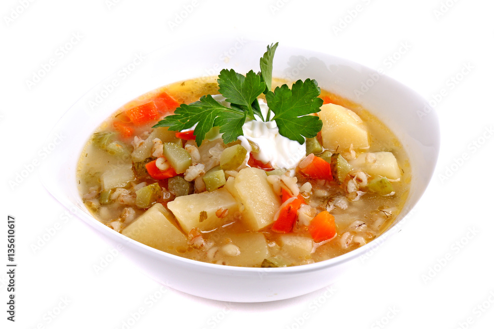 Soup rassolnik with pearl barley and pickled cucumbers Soup rassolnik with pearl barley and pickled cucumbers