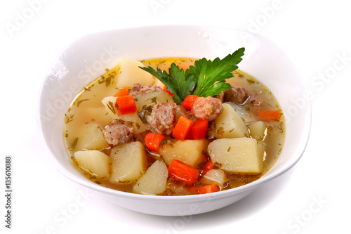 Soup with frikadellers and potato