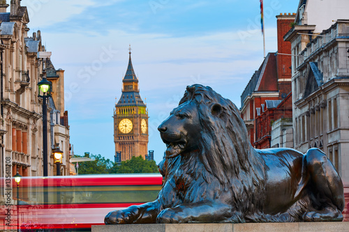 London Trafalgar Square lion and Big Ben