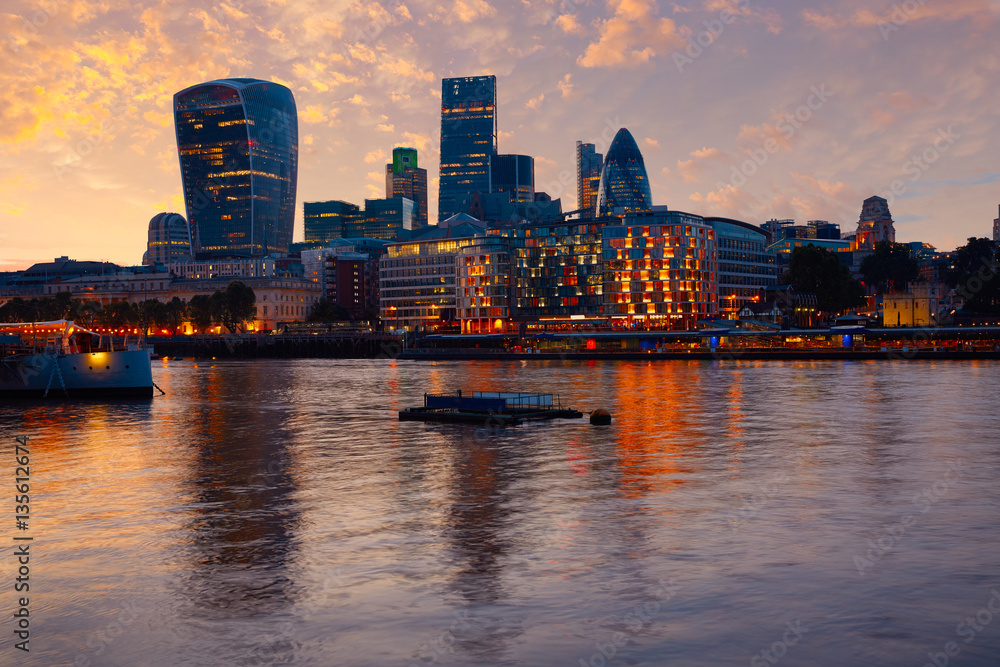 London financial district skyline sunset