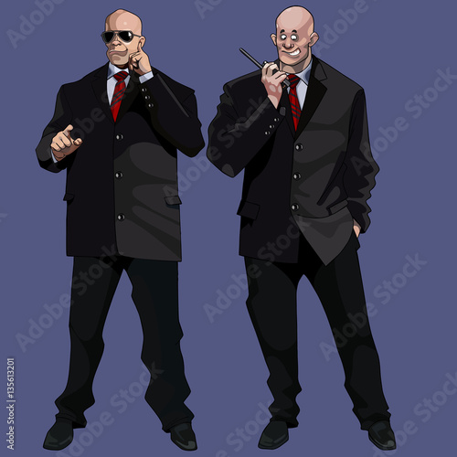 cartoon funny large men guards in black suits