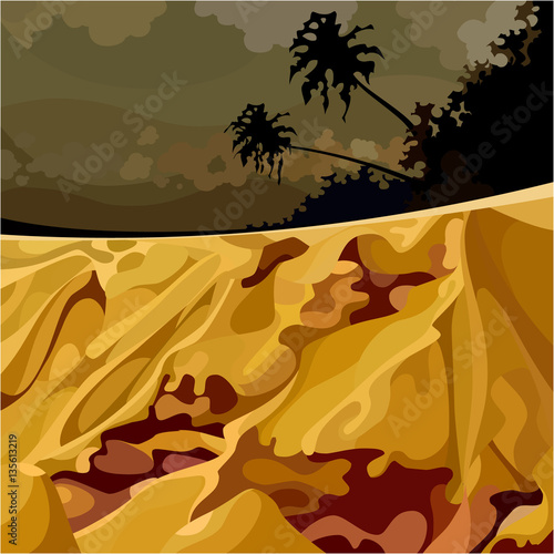 cartoon surreal landscape of the jungle at sunset